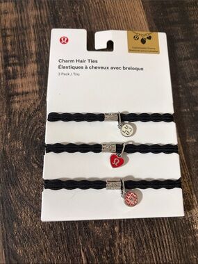 Collectible Lululemon Charm Hair Ties - Black with Red Silver Charms (3 Pack)